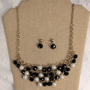 Chunky Black And White Multi Strand Goldtoned Chain Necklace And Earrings Set